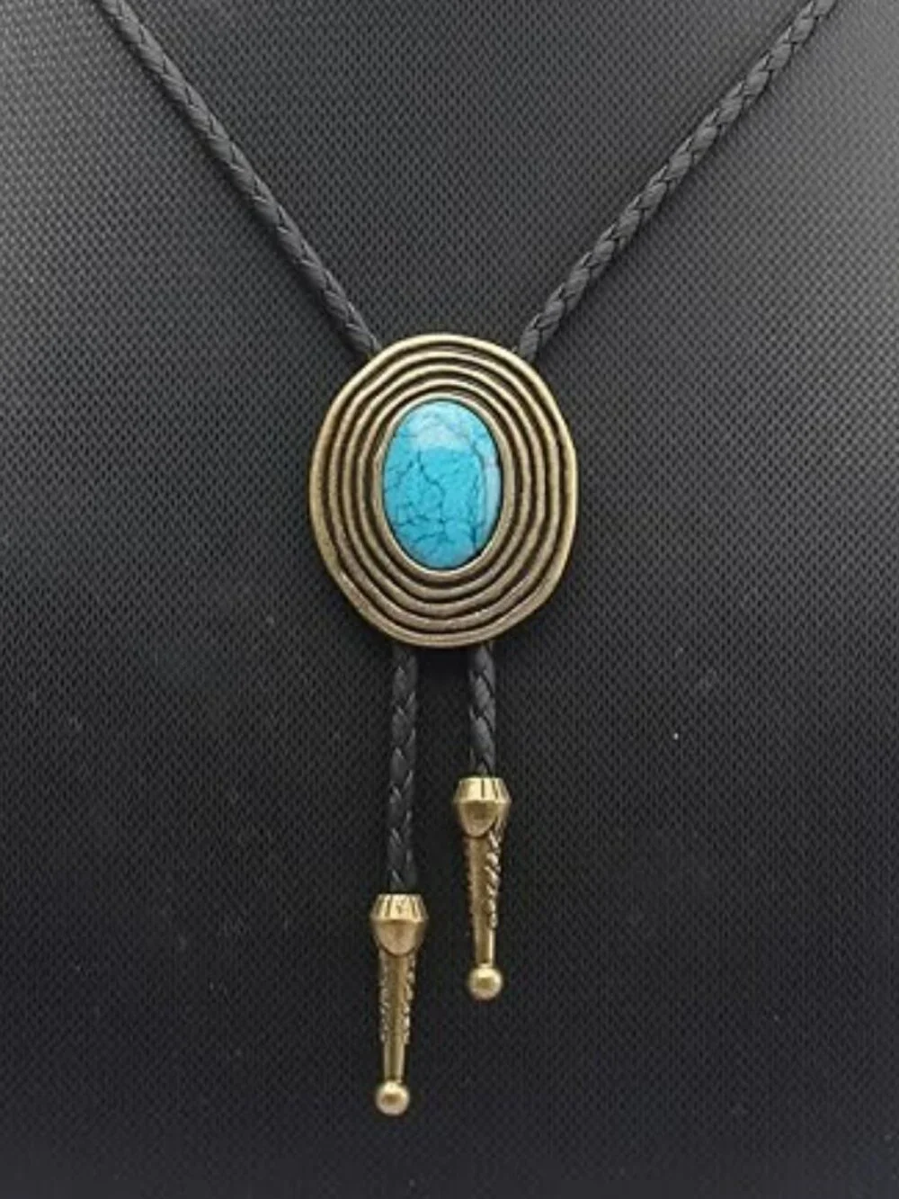 Necklace Bolo Tie Rodeo Cowboy Leather Necktie Western Wear Gold w Turquoise